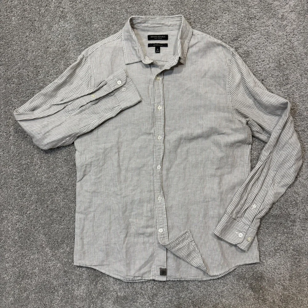 Banana Republic Mens Untucked Slim Fit Linen Cotton Striped Shirt Tan White M
